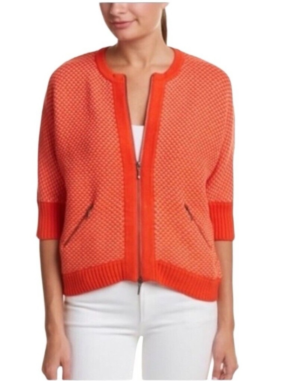Cabi Cacoon Orange Knit Dolman Sleeve Zip-up Cardigan Size M 100% Cotton